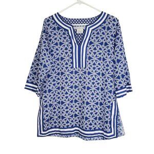 Gretchen Scott Blue White Tunic Casual Flowy Geometric Top - Medium
